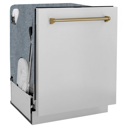 ZLINE Autograph Edition 24" Monument Series 3rd Rack Top Touch Control Tall Tub Dishwasher in Stainless Steel with Champagne Bronze Handle, 45dBa (DWMTZ-304-24-CB)