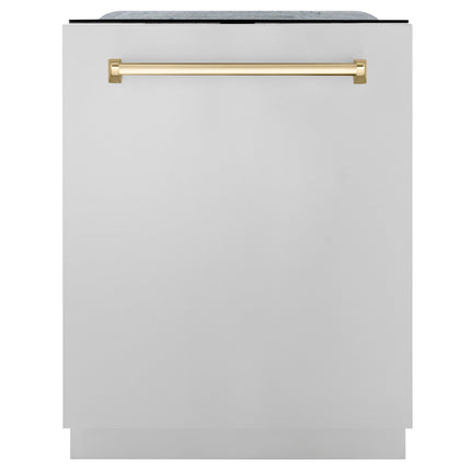 ZLINE Autograph Edition 24" Monument Series 3rd Rack Top Touch Control Tall Tub Dishwasher in Stainless Steel with Polished Gold Handle, 45dBa (DWMTZ-304-24-G)
