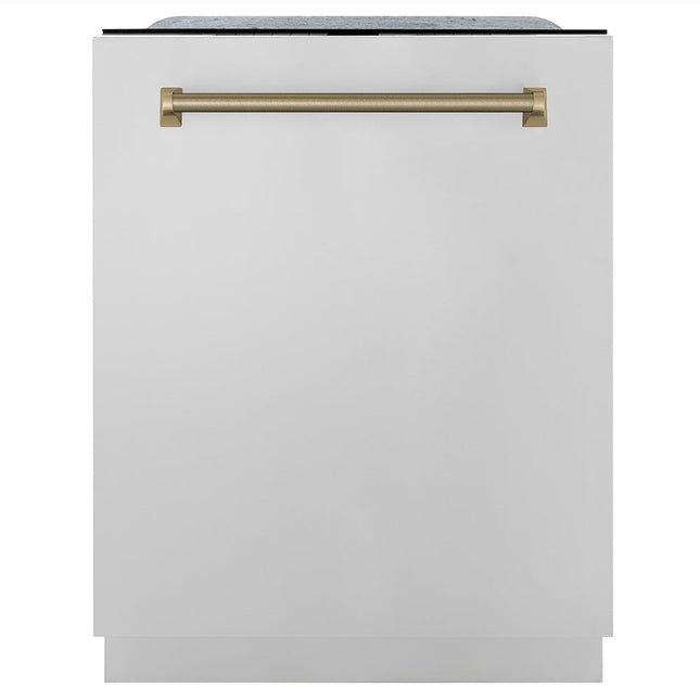 ZLINE Autograph Edition 24 in. Monument Series 3rd Rack Top Touch Control Tall Tub Dishwasher in Stainless Steel with Champagne Bronze Helix Handle, 45dBa (DWMTZ-30424-KCB)