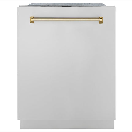 ZLINE Autograph Edition 24 in. Monument Series 3rd Rack Top Touch Control Tall Tub Dishwasher in Stainless Steel with Polished Gold Helix Handle, 45dBa (DWMTZ-30424-KG)