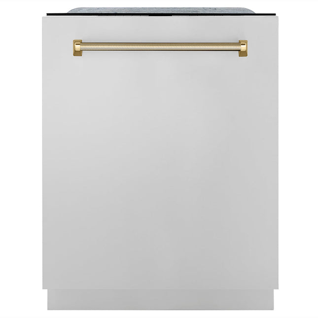 ZLINE Autograph Edition 24 in. Monument Series 3rd Rack Top Touch Control Tall Tub Dishwasher in Stainless Steel with Polished Gold Helix Handle, 45dBa (DWMTZ-30424-KG)