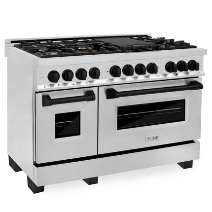 ZLINE Autograph Edition 48 in. 6.0 cu. ft. Legacy Dual Fuel Range with 7 Burner Gas Cooktop and 2 Electric Ovens in Stainless Steel and Matte Black Accents (RAZ-48-MB)