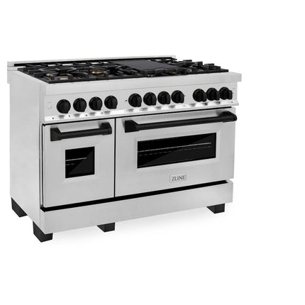 ZLINE Autograph Edition 48 in. 6.0 cu. ft. Legacy Dual Fuel Range with 7 Burner Gas Cooktop and 2 Electric Ovens in Stainless Steel and Matte Black Accents (RAZ-48-MB)