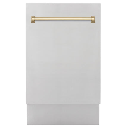 ZLINE Autograph Edition 18” Tallac Series 3rd Rack Top Control Built-In Dishwasher in Stainless Steel with Champagne Bronze Handle, 51dBa (DWVZ-304-18-CB)