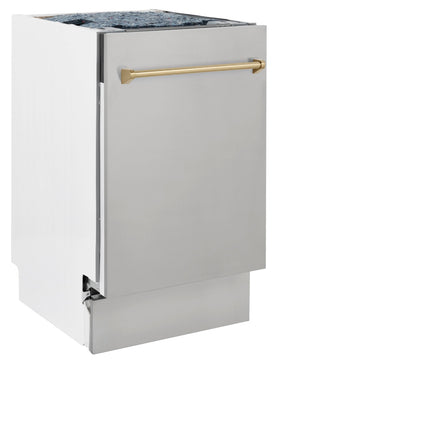 ZLINE Autograph Edition 18” Tallac Series 3rd Rack Top Control Built-In Dishwasher in Stainless Steel with Champagne Bronze Handle, 51dBa (DWVZ-304-18-CB)