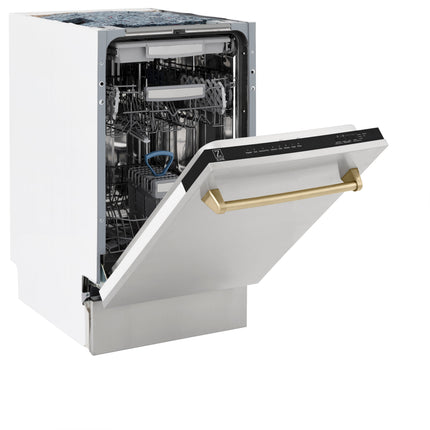 ZLINE Autograph Edition 18” Tallac Series 3rd Rack Top Control Built-In Dishwasher in Stainless Steel with Champagne Bronze Handle, 51dBa (DWVZ-304-18-CB)