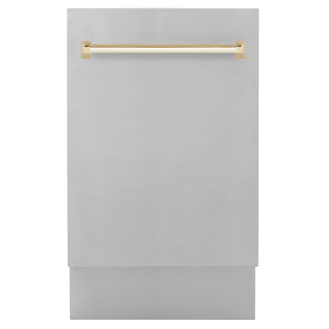 ZLINE Autograph Edition 18” Tallac Series 3rd Rack Top Control Built-In Dishwasher in Stainless Steel with Polished Gold Handle, 51dBa (DWVZ-304-18-G)