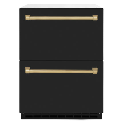 ZLINE Autograph Edition 24 in. Touchstone 168 Can Outdoor-Rated Dual Refrigerator Drawer with Black Matte Doors and Champagne Bronze Handles (RDSOZ-BLM-24-CB)