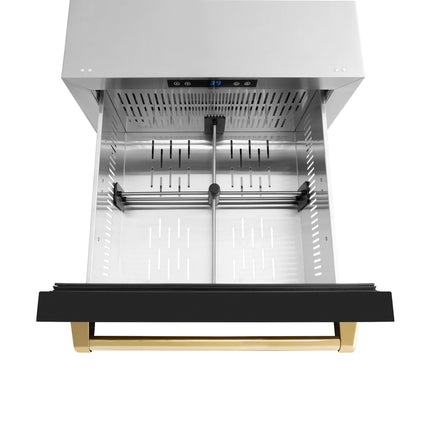 ZLINE Autograph Edition 24 in. Touchstone 168 Can Outdoor-Rated Dual Refrigerator Drawer with Black Matte Doors and Polished Gold Handles (RDSOZ-BLM-24-G)