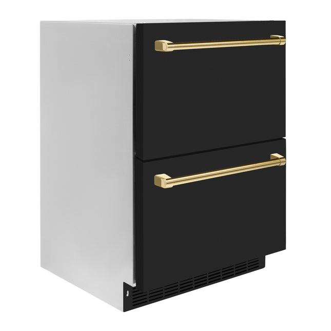 ZLINE Autograph Edition 24 in. Touchstone 168 Can Outdoor-Rated Dual Refrigerator Drawer with Black Matte Doors and Polished Gold Handles (RDSOZ-BLM-24-G)