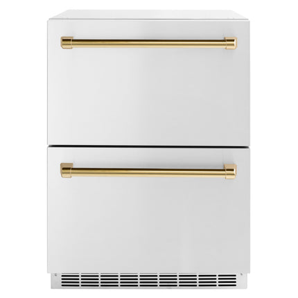 ZLINE Autograph Edition 24 in. Touchstone 168 Can Outdoor-Rated Dual Refrigerator Drawer with Stainless Steel Doors and Polished Gold Handles (RDSOZ-ST-24-G)
