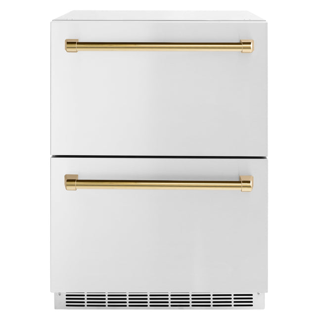 ZLINE Autograph Edition 24 in. Touchstone 168 Can Outdoor-Rated Dual Refrigerator Drawer with Stainless Steel Doors and Polished Gold Handles (RDSOZ-ST-24-G)