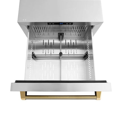 ZLINE Autograph Edition 24 in. Touchstone 168 Can Outdoor-Rated Dual Refrigerator Drawer with Stainless Steel Doors and Polished Gold Helix Handles (RDSOZ-ST-24-KG)