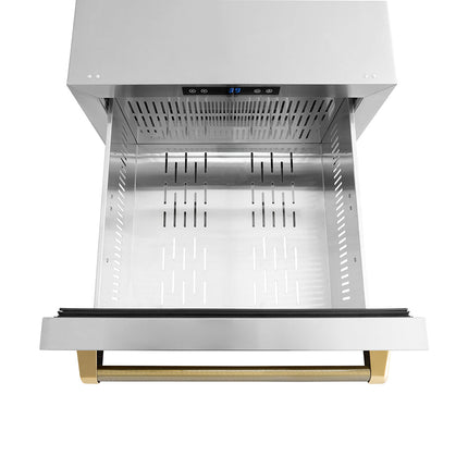 ZLINE Autograph Edition 24 in. Touchstone 168 Can Outdoor-Rated Dual Refrigerator Drawer with Stainless Steel Doors and Polished Gold Helix Handles (RDSOZ-ST-24-KG)