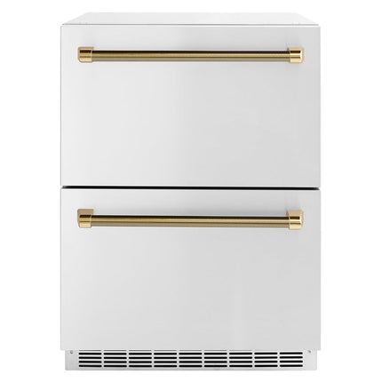ZLINE Autograph Edition 24 in. Touchstone 168 Can Outdoor-Rated Dual Refrigerator Drawer with Stainless Steel Doors and Polished Gold Helix Handles (RDSOZ-ST-24-KG)