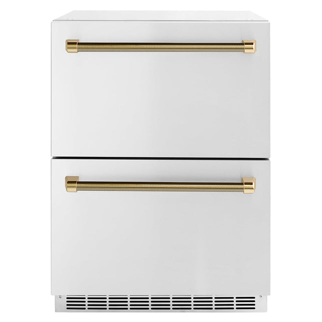 ZLINE Autograph Edition 24 in. Touchstone 168 Can Outdoor-Rated Dual Refrigerator Drawer with Stainless Steel Doors and Polished Gold Helix Handles (RDSOZ-ST-24-KG)
