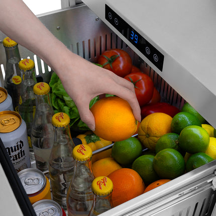 ZLINE Autograph Edition 24 in. Touchstone 168 Can Outdoor-Rated Dual Refrigerator Drawer with Stainless Steel Doors and Polished Nickel Helix Handles (RDSOZ-ST-24-KPN)