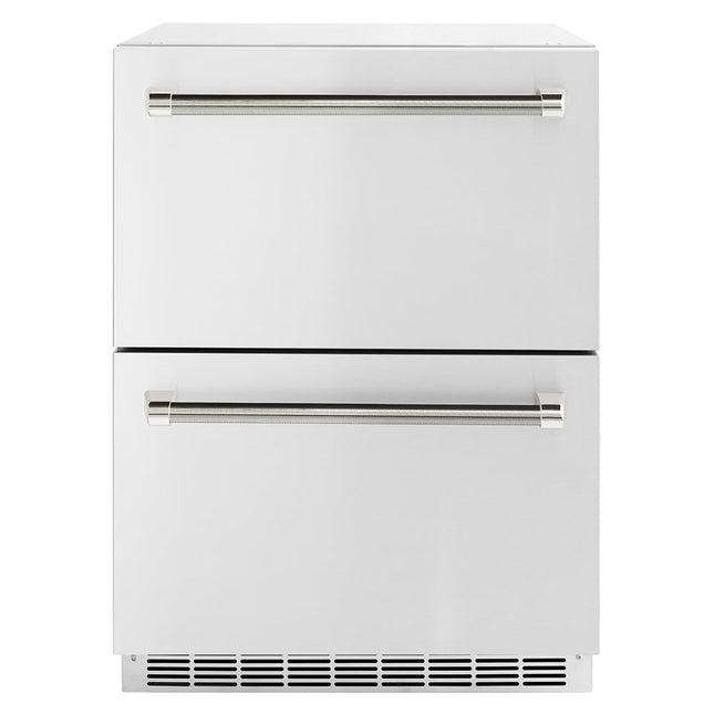 ZLINE Autograph Edition 24 in. Touchstone 168 Can Outdoor-Rated Dual Refrigerator Drawer with Stainless Steel Doors and Polished Nickel Helix Handles (RDSOZ-ST-24-KPN)