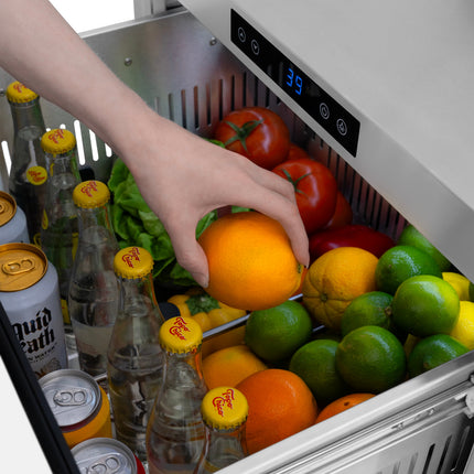 ZLINE Autograph Edition 24 in. Touchstone 168 Can Outdoor-Rated Dual Refrigerator Drawer with White Matte Doors and Champagne Bronze Handles (RDSOZ-WM-24-CB)
