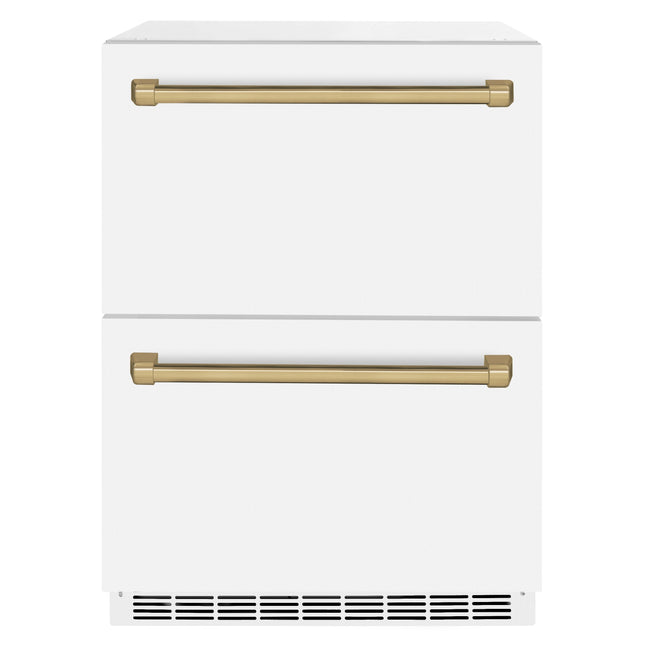 ZLINE Autograph Edition 24 in. Touchstone 168 Can Outdoor-Rated Dual Refrigerator Drawer with White Matte Doors and Champagne Bronze Handles (RDSOZ-WM-24-CB)