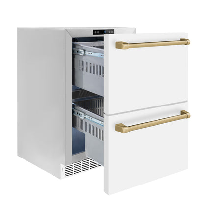 ZLINE Autograph Edition 24 in. Touchstone 168 Can Outdoor-Rated Dual Refrigerator Drawer with White Matte Doors and Champagne Bronze Handles (RDSOZ-WM-24-CB)