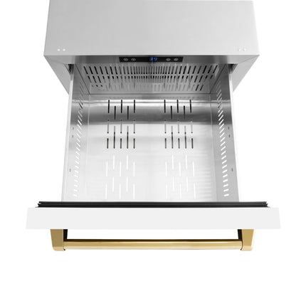 ZLINE Autograph Edition 24 in. Touchstone 168 Can Outdoor-Rated Dual Refrigerator Drawer with White Matte Doors and Polished Gold Handles (RDSOZ-WM-24-G)