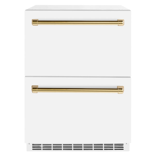 ZLINE Autograph Edition 24 in. Touchstone 168 Can Outdoor-Rated Dual Refrigerator Drawer with White Matte Doors and Polished Gold Handles (RDSOZ-WM-24-G)