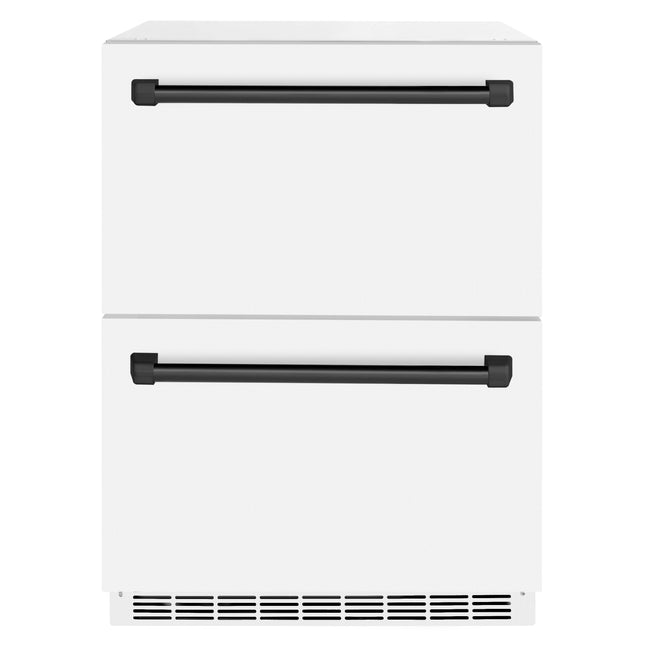 ZLINE Autograph Edition 24 in. Touchstone 168 Can Outdoor-Rated Dual Refrigerator Drawer with White Matte Doors and Matte Black Handles (RDSOZ-WM-24-MB)