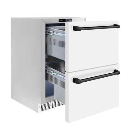 ZLINE Autograph Edition 24 in. Touchstone 168 Can Outdoor-Rated Dual Refrigerator Drawer with White Matte Doors and Matte Black Handles (RDSOZ-WM-24-MB)