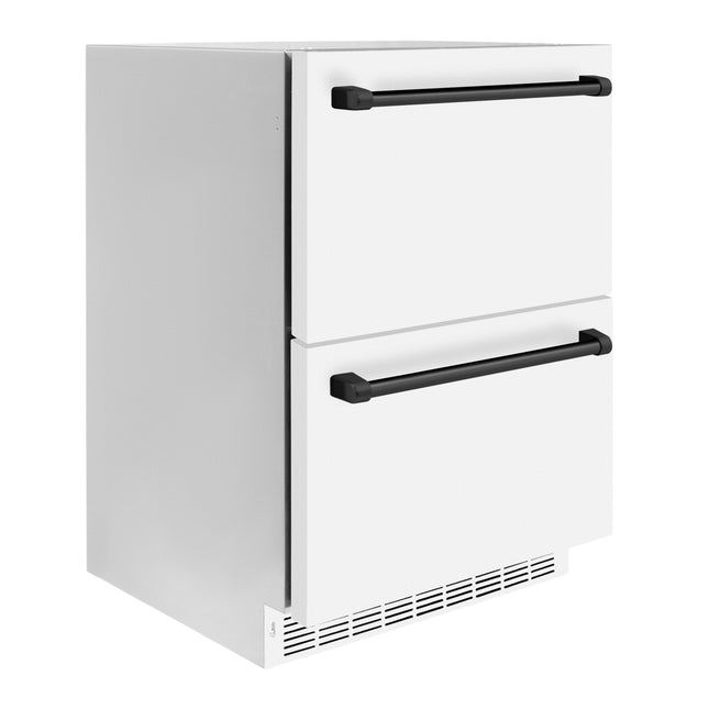ZLINE Autograph Edition 24 in. Touchstone 168 Can Outdoor-Rated Dual Refrigerator Drawer with White Matte Doors and Matte Black Handles (RDSOZ-WM-24-MB)