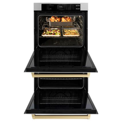 ZLINE 30 in. Autograph Edition Professional True Convection Double Wall Oven with Air Fry and Self Clean in Stainless Steel with Champagne Bronze Handles (WADZ-30-CB)