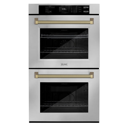 ZLINE Autograph Edition 30 in. Professional True Convection Double Wall Oven with Air Fry and Self Clean in Stainless Steel with Champagne Bronze Helix Handles (WADZ-30-KCB)