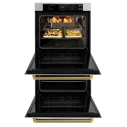 ZLINE Autograph Edition 30 in. Professional True Convection Double Wall Oven with Air Fry and Self Clean in Stainless Steel with Polished Gold Helix Handles (WADZ-30-KG)