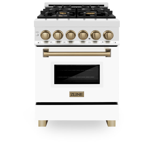 ZLINE Autograph Edition 24 in. 2.8 cu. ft. Legacy Dual Fuel Range with 4 Burner Gas Cooktop and Electric Convection Oven in Stainless Steel with White Matte Door and Champagne Bronze Accents (RAZ-WM-24-CB) Plaza Home Decor