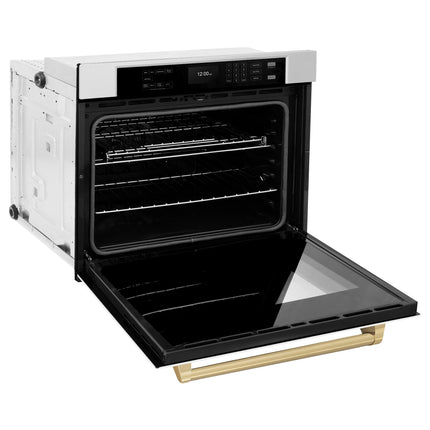 ZLINE 30 in. Autograph Edition Professional True Convection Single Wall Oven with Air Fry and Self Clean in Stainless Steel with White Matte Door and Champagne Bronze Handle (WASZ-WM-30-CB)