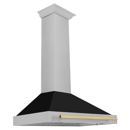 ZLINE Autograph Edition 48 in. Convertible Satin Stainless Steel Wall Mount Range Hood with Black Matte Shell and Polished Gold Handle (KB4SNZ-BLM48-G)