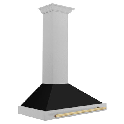ZLINE Autograph Edition 48 in. Convertible Satin Stainless Steel Wall Mount Range Hood with Black Matte Shell and Polished Gold Handle (KB4SNZ-BLM48-G)