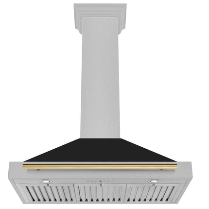 ZLINE Autograph Edition 48 in. Convertible Satin Stainless Steel Wall Mount Range Hood with Black Matte Shell and Polished Gold Handle (KB4SNZ-BLM48-G)