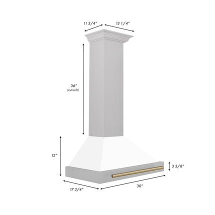 ZLINE Autograph Edition 30 in. Convertible Satin Stainless Steel Wall Mount Range Hood with White Matte Shell and Champagne Bronze Handle (KB4SNZ-WM30-CB)