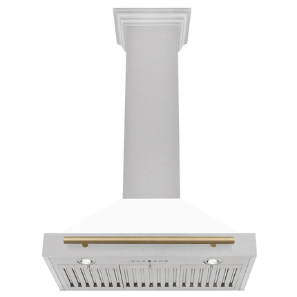ZLINE Autograph Edition 30 in. Convertible Satin Stainless Steel Wall Mount Range Hood with White Matte Shell and Champagne Bronze Handle (KB4SNZ-WM30-CB)