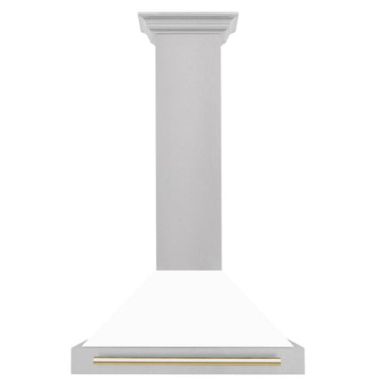 ZLINE Autograph Edition 30 in. Convertible Satin Stainless Steel Wall Mount Range Hood with White Matte Shell and Champagne Bronze Handle (KB4SNZ-WM30-CB)