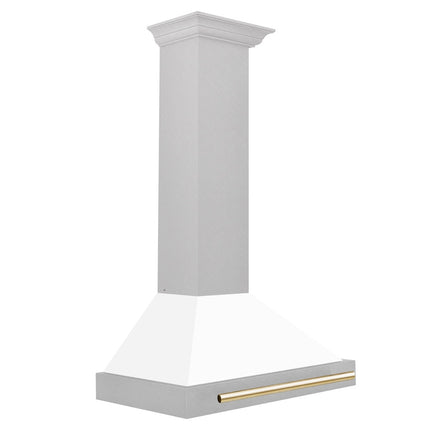 ZLINE Autograph Edition 30 in. Convertible Satin Stainless Steel Wall Mount Range Hood with White Matte Shell and Champagne Bronze Handle (KB4SNZ-WM30-CB)