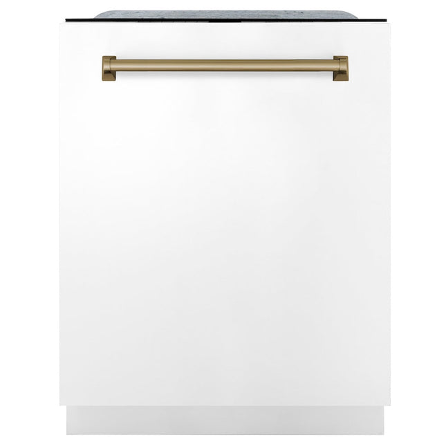 ZLINE Autograph Edition 24" Monument Series 3rd Rack Top Touch Control Tall Tub Dishwasher in White Matte with Champagne Bronze Handle, 45dBa (DWMTZ-WM-24-CB)
