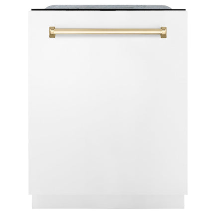 ZLINE Autograph Edition 24" Monument Series 3rd Rack Top Touch Control Tall Tub Dishwasher in White Matte with Polished Gold Handle, 45dBa (DWMTZ-WM-24-G)