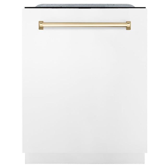 ZLINE Autograph Edition 24" Monument Series 3rd Rack Top Touch Control Tall Tub Dishwasher in White Matte with Polished Gold Handle, 45dBa (DWMTZ-WM-24-G)