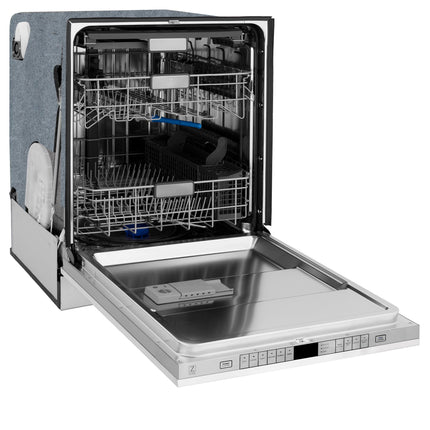 ZLINE Autograph Edition 24" Monument Series 3rd Rack Top Control Built-In Tall Tub Dishwasher in White Matte with Matte Black Handle, 45dBa (DWMTZ-WM-24-MB)