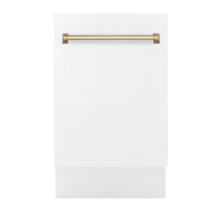 ZLINE Autograph Edition 18” Tallac Series 3rd Rack Top Control Built-In Dishwasher in White Matte with Champagne Bronze Handle, 51dBa (DWVZ-WM-18-CB)