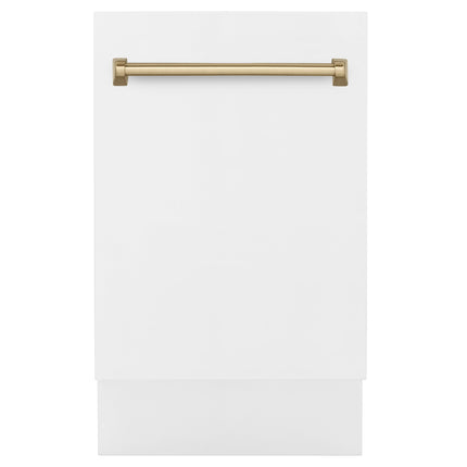 ZLINE Autograph Edition 18” Tallac Series 3rd Rack Top Control Built-In Dishwasher in White Matte with Champagne Bronze Handle, 51dBa (DWVZ-WM-18-CB)
