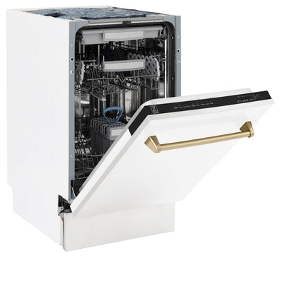ZLINE Autograph Edition 18” Tallac Series 3rd Rack Top Control Built-In Dishwasher in White Matte with Champagne Bronze Handle, 51dBa (DWVZ-WM-18-CB)
