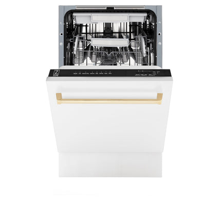 ZLINE Autograph Edition 18” Tallac Series 3rd Rack Top Control Built-In Dishwasher in White Matte with Polished Gold Handle, 51dBa (DWVZ-WM-18-G)
